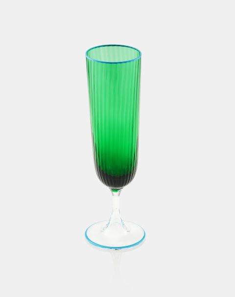 Unisex Green Striped Flute Glass Pioneer Glassware